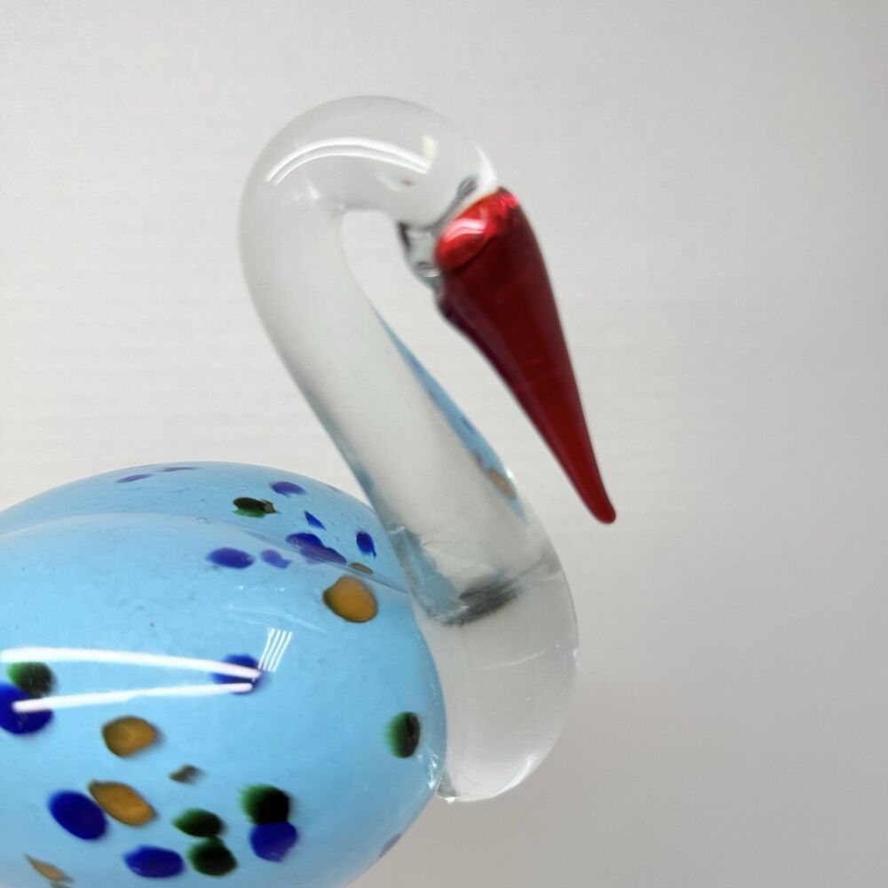 Hand Blown Murano Style Art Glass Turquoise Speckled Bird With Tall Metal Legs - Picture 8 of 10